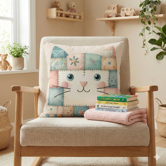 Coussin Fausse Maisonnette Pastel Patchwork Visage de Chat