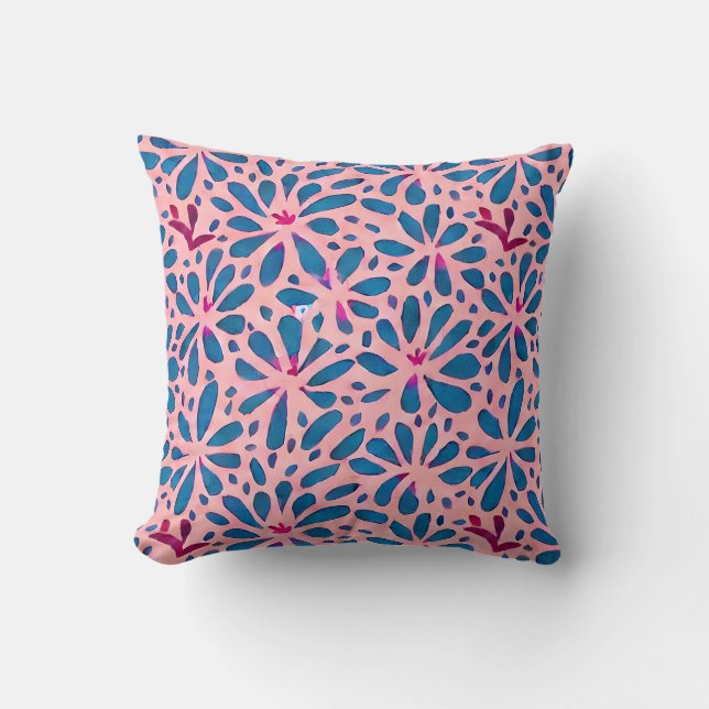 Coussin Faux Cutout Pink Blue Folk Art inspiré (Recto)