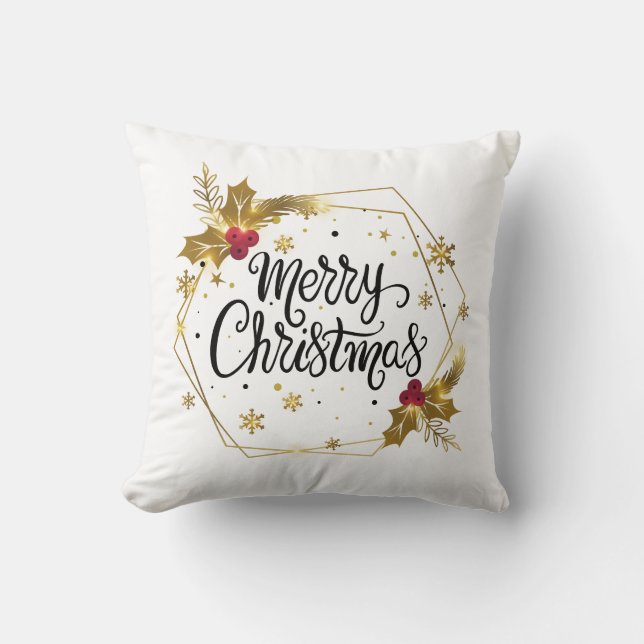 Coussin Faux Gold Floral Joyeux Noël| Lancer l'oreiller (Recto)
