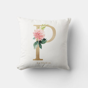 Coussin Faux Gold Foil Floral Lettre P Monogram Nursery