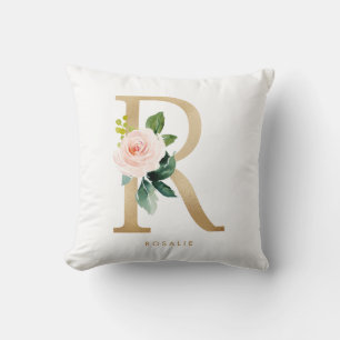 Coussin Faux Gold Foil Lettre Florale R Monogram Nursery