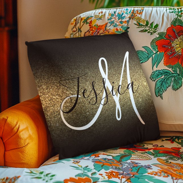 Coussin Faux Gold Parties scintillant noir Ombre Monogramm (Faux Gold Glitter Black Ombre Monogram Throw Pillow)