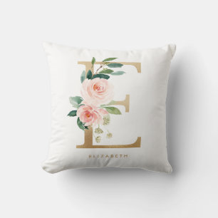 Coussin Faux monogramme de lettre E florale en feuille d'o