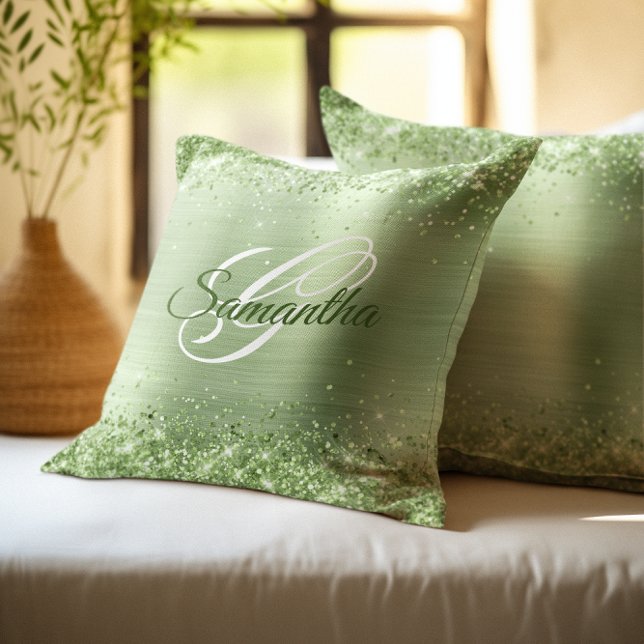 Coussin Faux Monogramme Pailleté Vert Menthe Brillante (Mint Green Glitter Foil Monogram Throw Pillow)