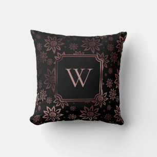 Coussin Faux or rose et floral noir avec monogramme