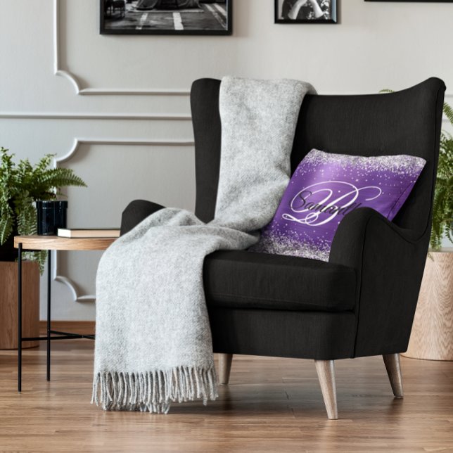 Coussin Faux Pailleté Argenté Améthyste Monogramme Feuille (Silver Glitter Purple Faux Foil Monogram Throw Pillow)