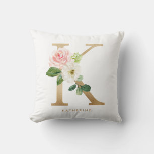 Coussin Faux papier d'or floral lettre K monogramme
