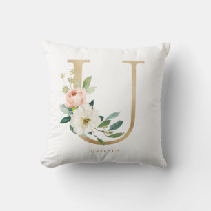 Coussin Faux papier d'or floral lettre U monogramme