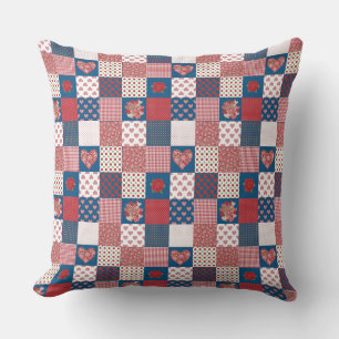 Coussin Faux-Patchwork, Coeurs, Roses, Polkas, Chèques