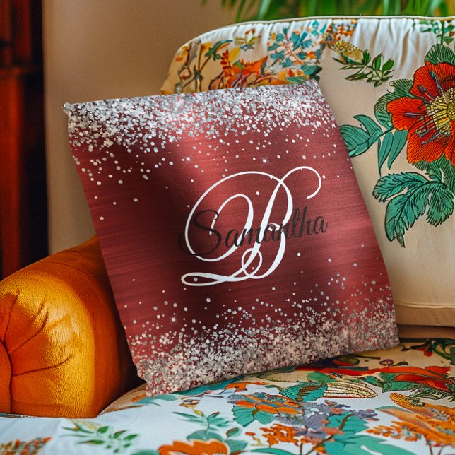 Coussin Faux Shiny Silver Parties scintillant Red Foil Mon (Faux Shiny Silver Glitter Red Foil Monogram Throw Pillow)
