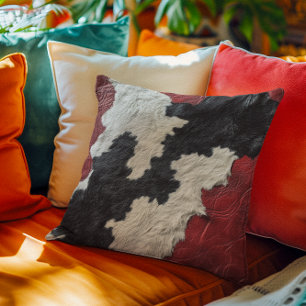 Coussin Faux Vache en cuir rouge tachetée Fourrure cachée
