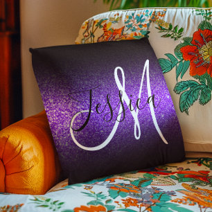 Coussin Faux Violet Paillettes Monogramme Ombré Noir