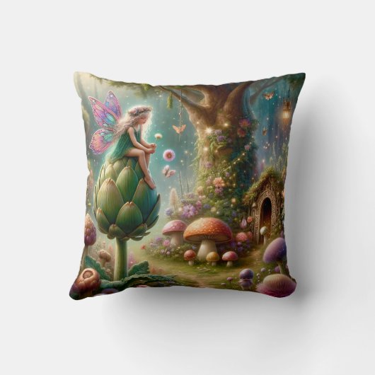 Coussin Fée assise sur une illustration magique d'artichau (Verso)