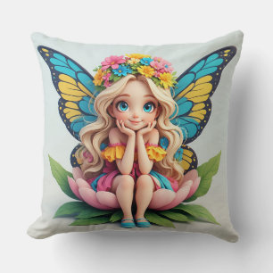 Coussin Fée Fille aux Ailes de Papillon Assise dans un Jar