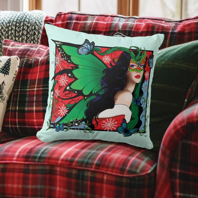 Coussin Fée Solstice Rouge Vert Noël (Créateur téléchargé)