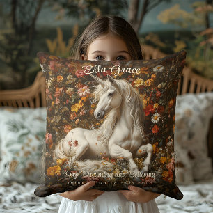 Coussin Féeerie Florale Licorne Blanche Vintage Art Rêve F