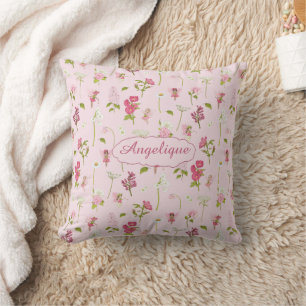 Coussin Fées et fleurs aquarelles fantaisistes rose