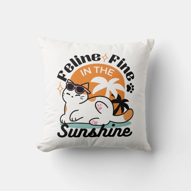 Coussin Feline fin au soleil - Chat Tropical relaxé (Recto)