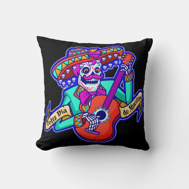Coussin Feliz Dia De Muertos avec Squelette Jouer de la gu (Recto)