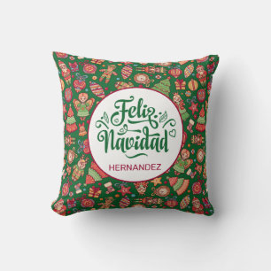 Coussin Feliz Navidad Art Populaire Vert Personnalisé