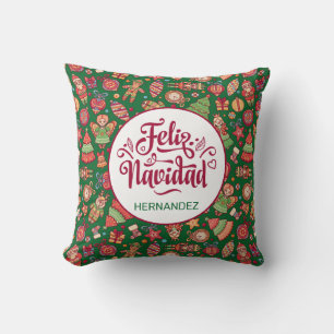 Coussin Feliz Navidad Folk Art Green Personnalisé