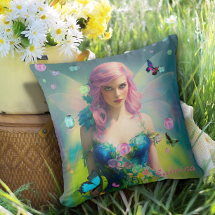 Coussin Female Pink Hair Fairy Portrait in Green Dress
