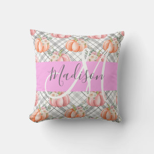 Coussin Féminin Floral Gris Rose Pêche Citrouille Monogram