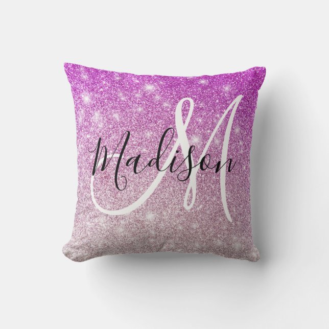 Coussin Féminin & Glamour Monogramme Nom Paillettes Violet (Recto)