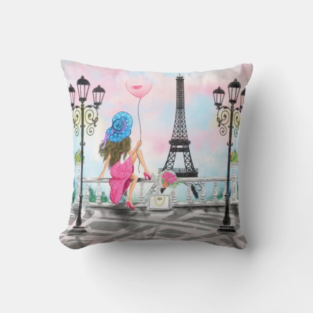Coussin Femme à Paris Jouer l'oreiller avec la tour Eiffel (Recto)