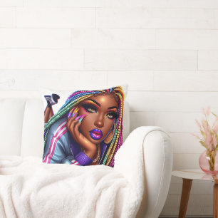 Coussin Femme Afro-Américaine au Chic Urbain Étincelant De