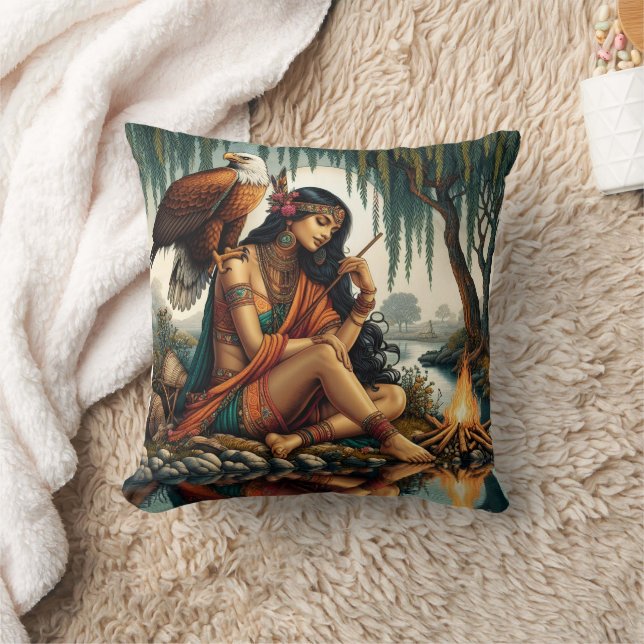 Coussin Femme amérindienne assise au bord d'une rivière av (Couverture)