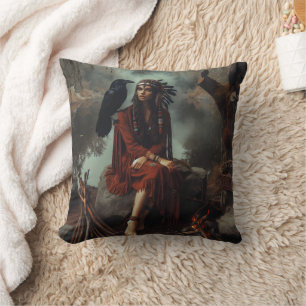 Coussin Femme amérindienne avec corbeau au bord d'une rivi