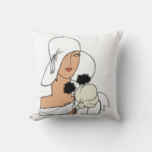 Coussin Femme Art Déco Vintage avec Fleurs Portant un Chap
