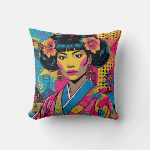 Coussin Femme asiatique de l'art pop en kimono floral