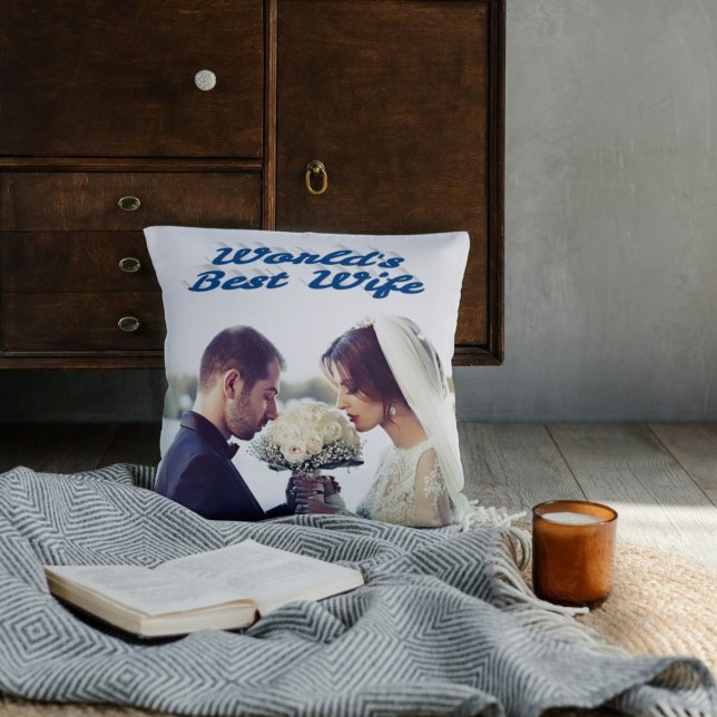 Coussin Femme avec photo texte bleu (Créateur téléchargé)