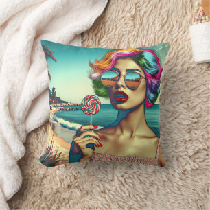 Coussin Femme Belle de l'Art Pop Rétro avec Sucette