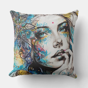 Coussin Femme Bohème Colorée Face Florale Mandala Dessin A