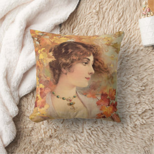 Coussin Femme d'automne Art nouveau Imprimé de feuillage d