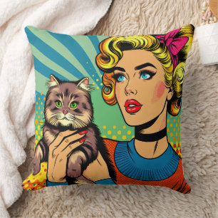 Coussin Femme de l'art pop cartoonistique tenant un chat