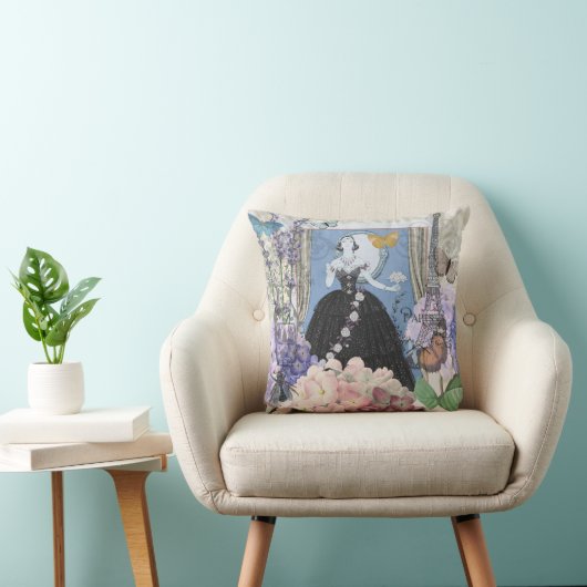 Coussin Femme élégante bleue Robe florale Chic (Chaise)