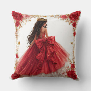 Coussin Femme élégante dans une robe rouge entourée de ros