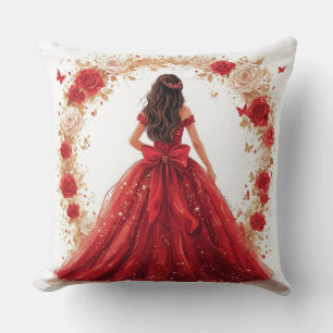 Coussin Femme élégante dans une robe rouge entourée de ros