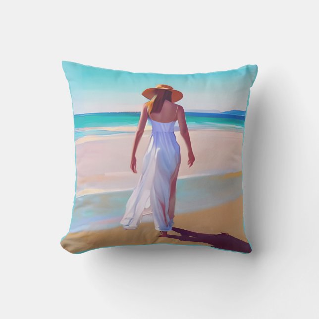 Coussin Femme en blanc sur la plage (Recto)