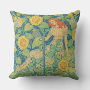 Coussin Femme-fille de fleurs dans le jardin de tournesol