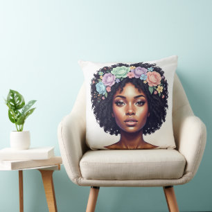 Coussin Femme noire profonde avec afro orné de fleurs bril