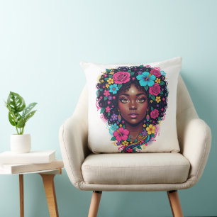Coussin Femme noire profonde avec afro orné de fleurs vive