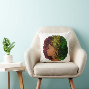 Coussin Femme noire rasta afro rouge jaune vert