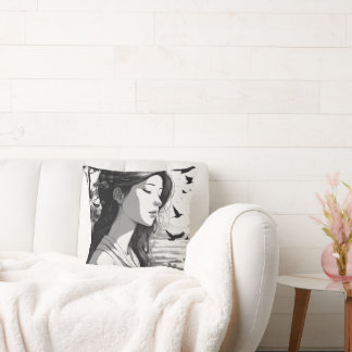 Coussin femme observant un oiseau les yeux fermés jeter l'