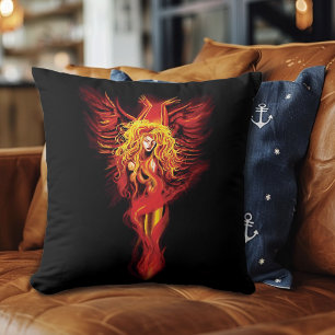 Coussin Femme Phénix Fantastique Rouge Incandescent Noir