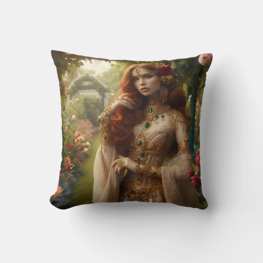 Coussin Femme préraphaélite dorée 2 dans un jardin (Recto)